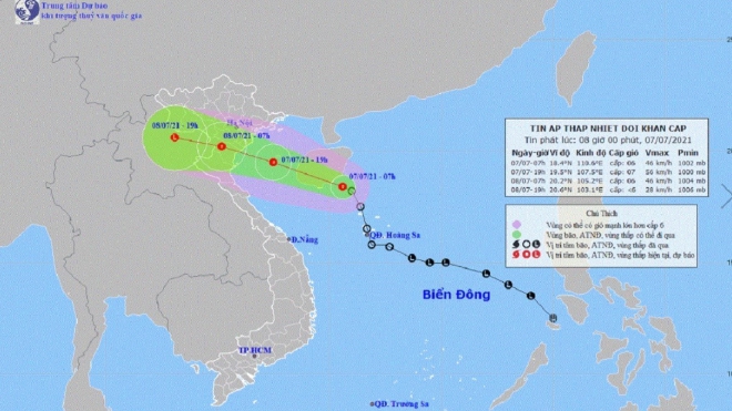 Cập nhật: Đến sáng 8/7, áp thấp nhiệt đới gây gió cấp 6-7 ven biển từ Quảng Ninh đến Nghệ An