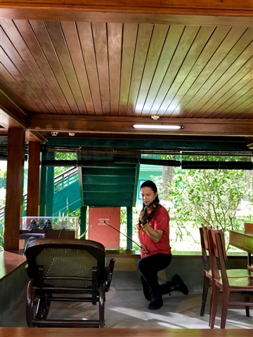 Hình ảnh Nghệ sỹ Violin Anh Tú quỳ trước chiếc Ghế Chao khi xưa Bác vẫn hay nằm nghỉ nơi Nhà sàn, để tấu nên những khúc nhạc kính dâng lên Bác.