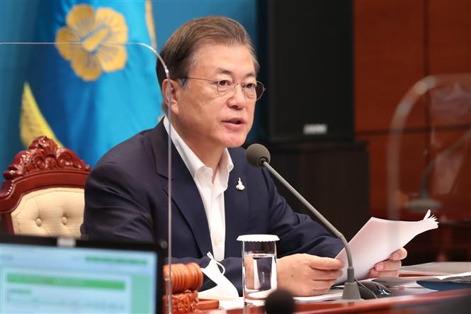 Trong ảnh: Tổng thống Hàn Quốc Moon Jae-in phát biểu tại cuộc họp ở Seoul ngày 25/8/2020. Ảnh: Yonhap/TTXVN