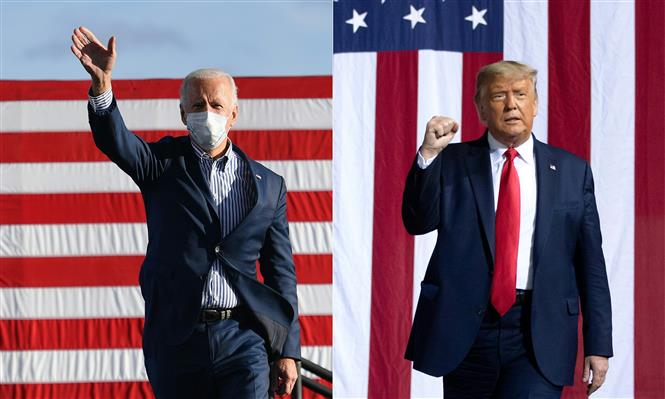 Tổng thống Mỹ Donald Trump (phải) tại cuộc vận động tranh cử ở bang Bắc Carolina ngày 21/10/2020 và ứng cử viên Tổng thống Mỹ của đảng Dân chủ Joe Biden (trái) tại cuộc vận động tranh cử ở bang Pennsylvania ngày 24/10/2020. Ảnh: AFP/TTXVN