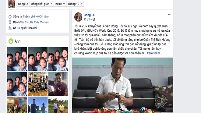 Lực sĩ Lê Văn Công có hành động đáng ngưỡng mộ giúp đỡ bệnh nhân ung thư. Ảnh: FBNV