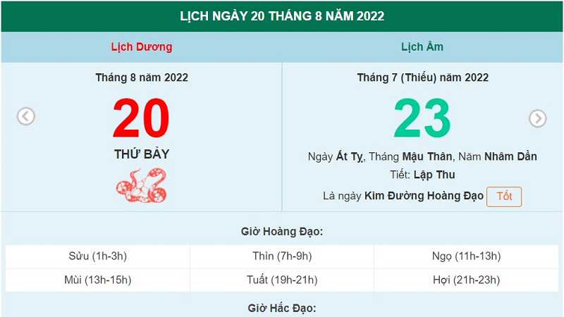 Ngày 20 tháng 8 năm 2022. ngày 20/8/2022 tốt hay xấu. lịch âm 2022. xem ngày tốt | TTVH Online