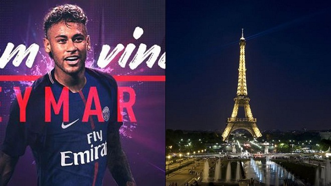 Tháp Eiffel đổi màu để chào đón Neymar. PSG 'chọc quê' Pique