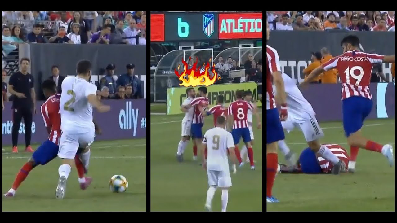 Diego costa, Dani Carvajal, thẻ đỏ, diego costa đánh nhau với Carvajal, real, atletico, real 3-7 atletico, kết quả real đấu với atletico, kết quả icc cup 2019, video bàn thắng real atletico,