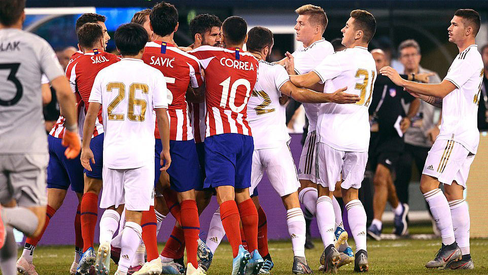 Diego costa, Dani Carvajal, thẻ đỏ, diego costa đánh nhau với Carvajal, real, atletico, real 3-7 atletico, kết quả real đấu với atletico, kết quả icc cup 2019, video bàn thắng real atletico,