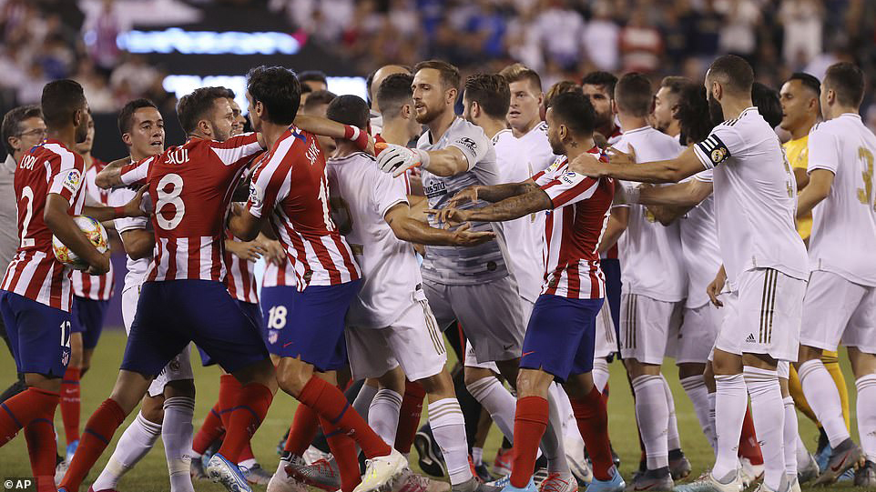 Diego costa, Dani Carvajal, thẻ đỏ, diego costa đánh nhau với Carvajal, real, atletico, real 3-7 atletico, kết quả real đấu với atletico, kết quả icc cup 2019, video bàn thắng real atletico,