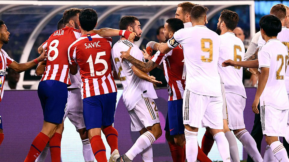 Diego costa, Dani Carvajal, thẻ đỏ, diego costa đánh nhau với Carvajal, real, atletico, real 3-7 atletico, kết quả real đấu với atletico, kết quả icc cup 2019, video bàn thắng real atletico,